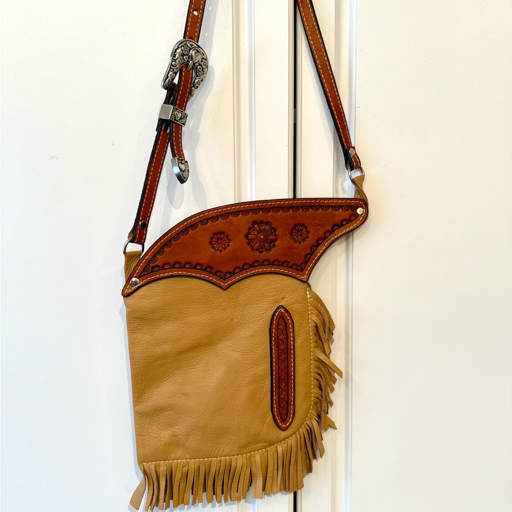 Rocking Bar L Texas Leather Works Brown & Tan Leather Fringe Shoulder Bag - Picture 13 of 13